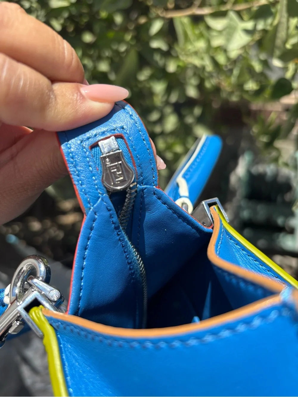 Fendi Electric Blue Leather Satchel with Lime Trim